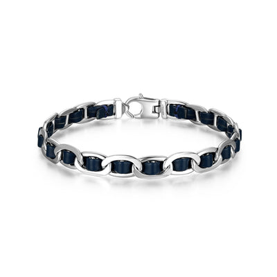 UB0007S - Italian Chain Rhodium Plated Mariner Chain Bracelet with Blue Flat Leather  -  7.75"