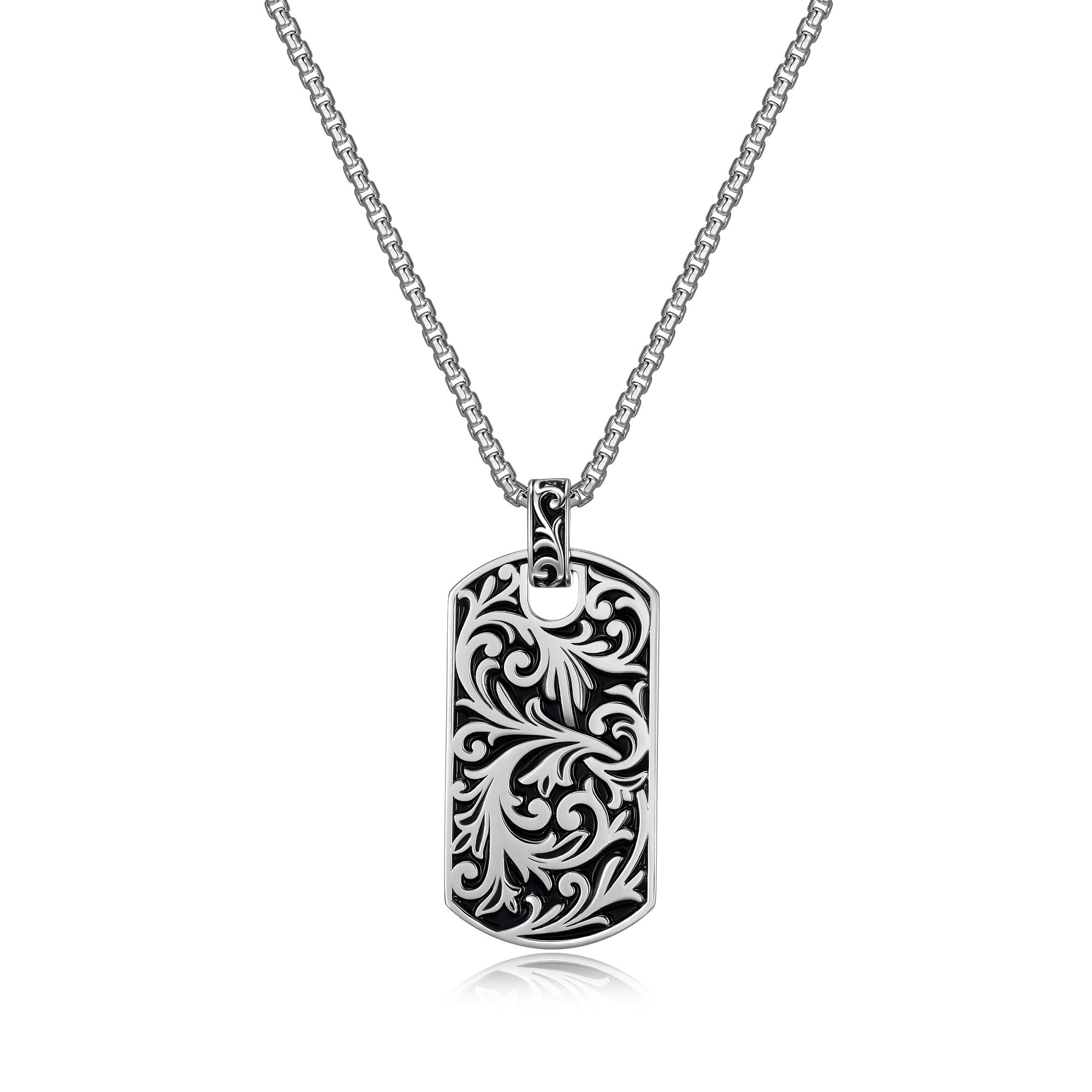 UP03 - Chisel Filigree Dog Tag Necklace in Rhodium Finish Sterling Silver