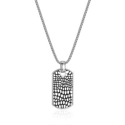 UN0095 - Reptile Design Dog Tag Necklace in Rhodium - Plated Sterling Silver