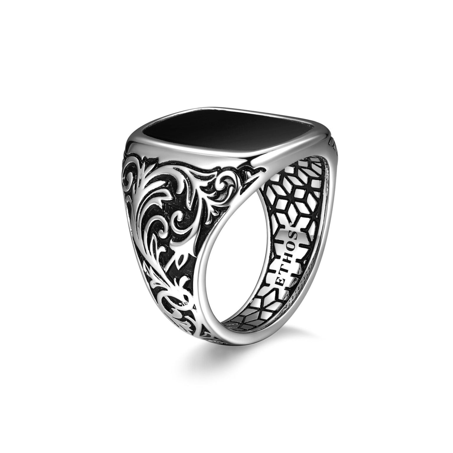 UR01 - Chisel Rhodium Plated Black Agate Cushion Ring