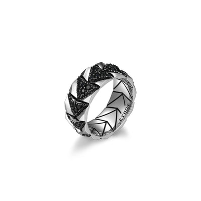 UR06 - Chevron Rhodium and Gunmetal Sterling Silver and Black Sapphire Band Ring