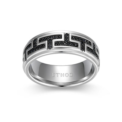 UR0093 - Eclipse Genuine Black Sapphire Geo Eternity Band Ring in Rhodium - Plated Sterling Silver