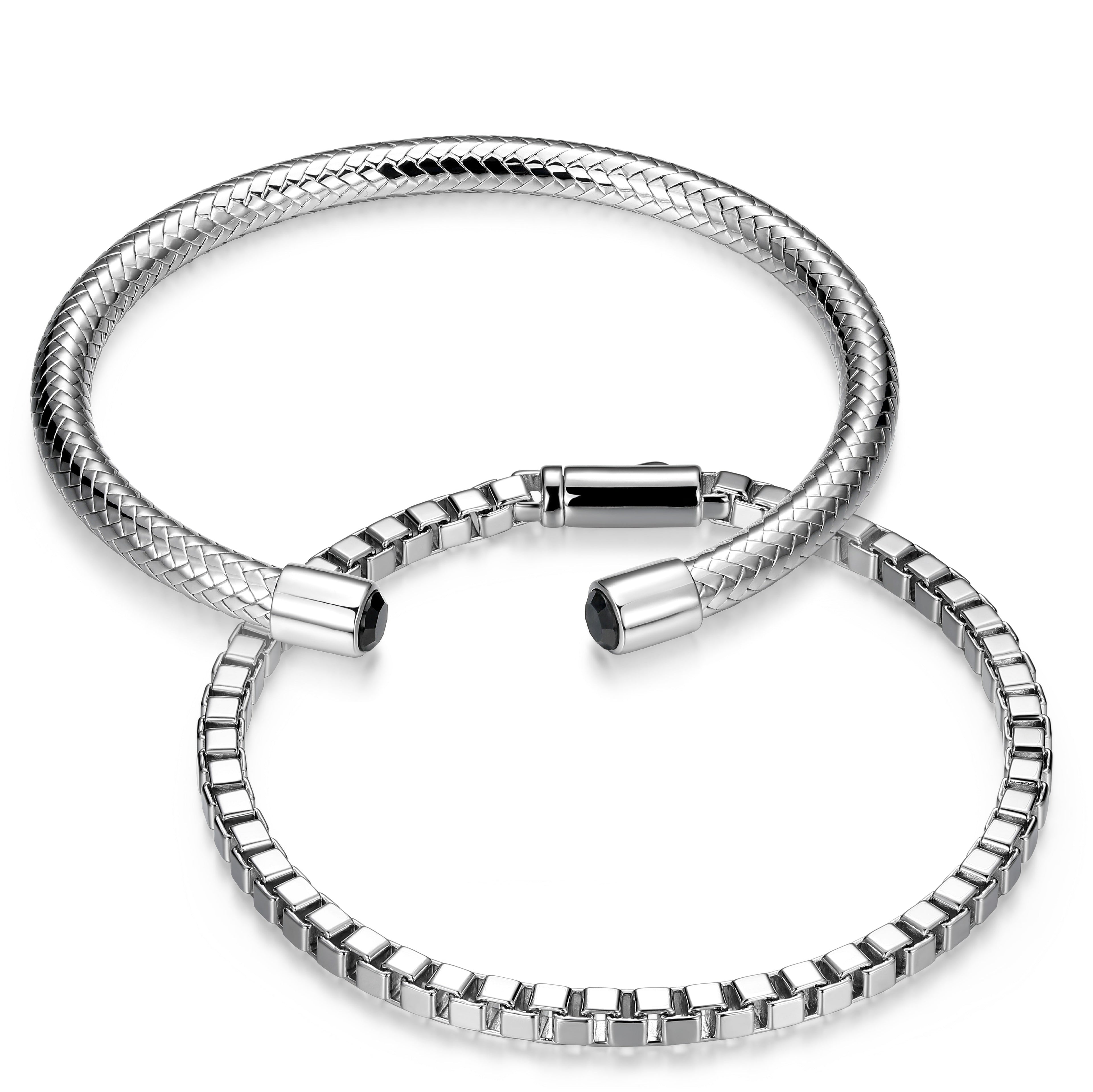 UB0108 - Braided Box Set Genuine Black Sapphire Cuff & Round Box Chain Bracelets in Rhodium - Plated Sterling Silver