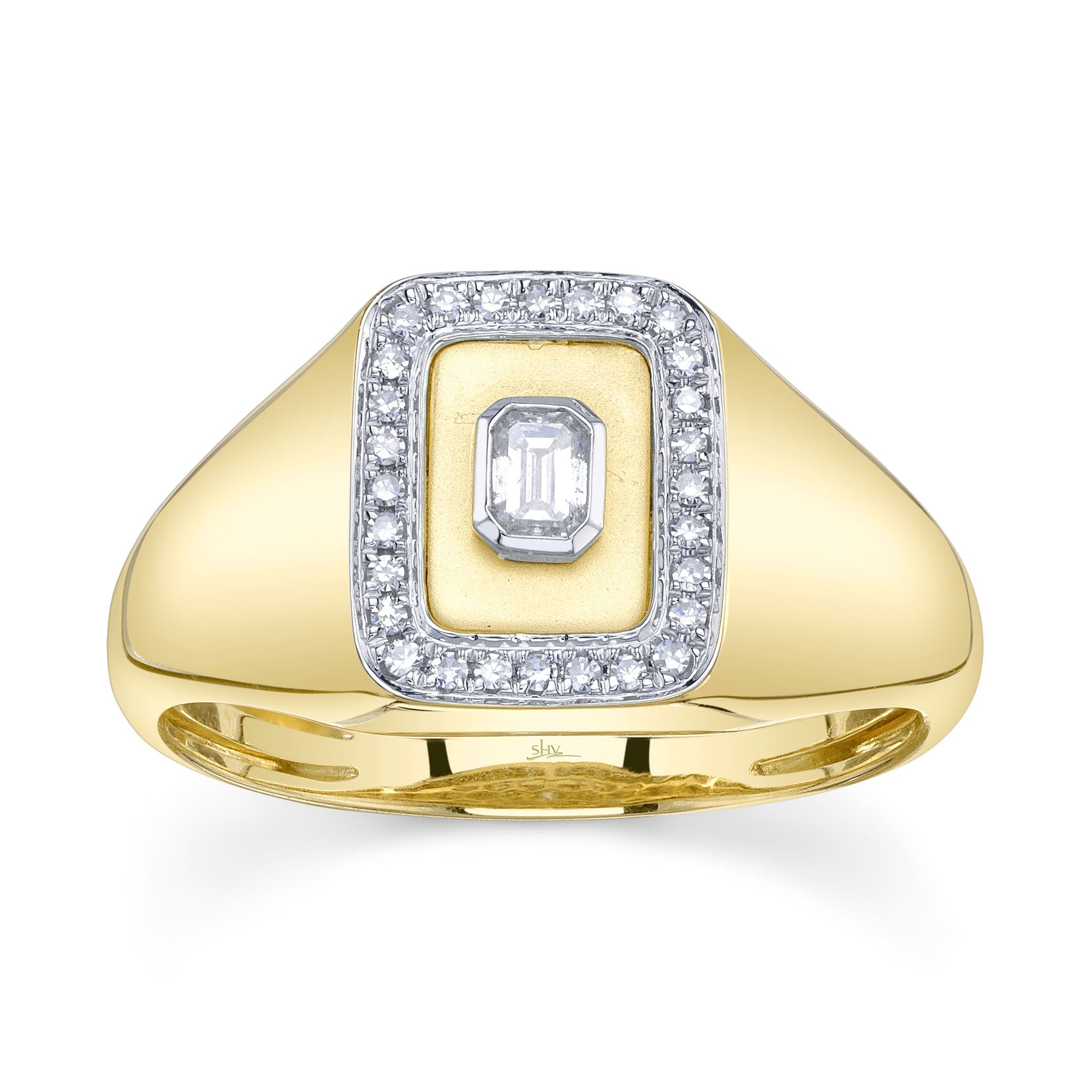 0.17CT 14K Y/G DIAMOND EMERALD BEZEL MATTE SIGNET RING