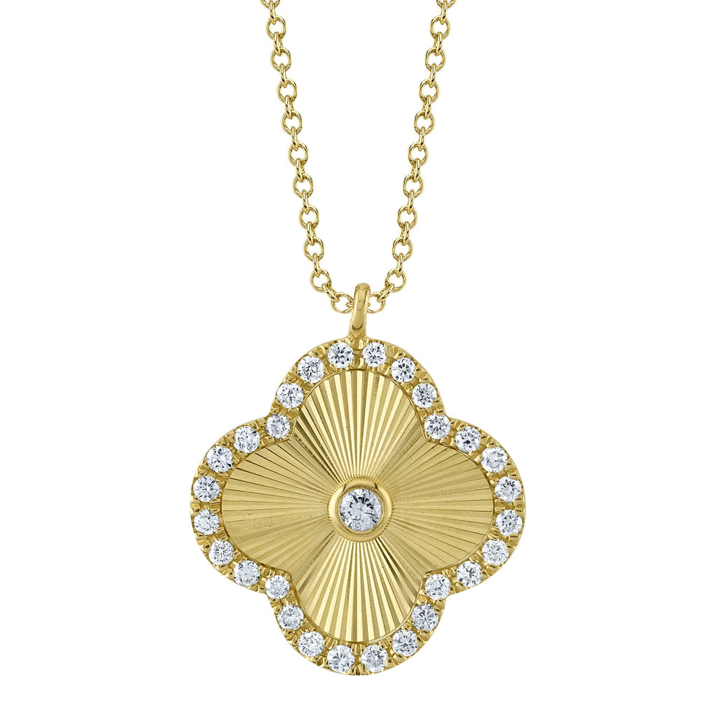 0.22CT 14K Y/G DIAMOND BEZEL RIBBED CLOVER NECKLACE