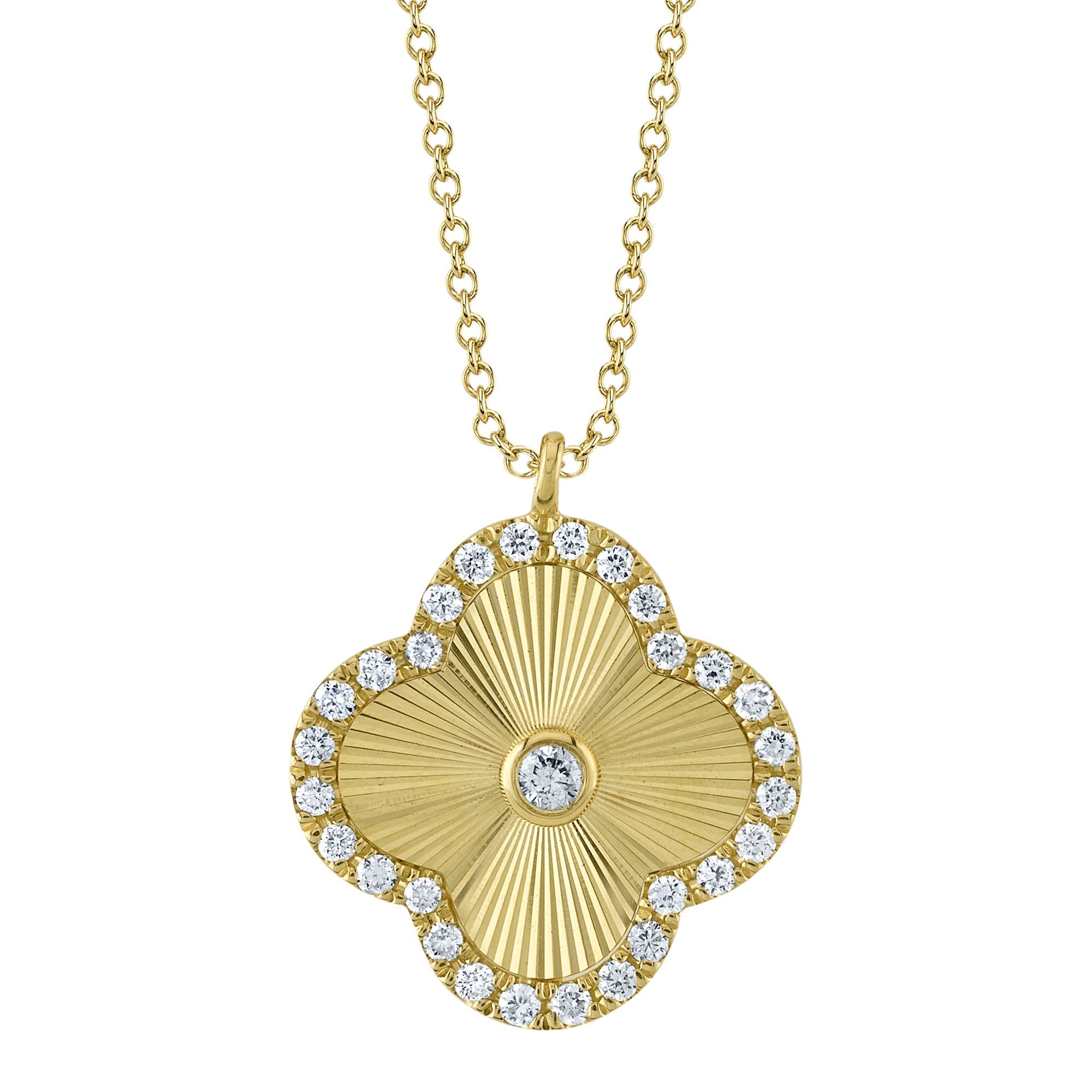 0.22CT 14K Y/G DIAMOND BEZEL RIBBED CLOVER NECKLACE