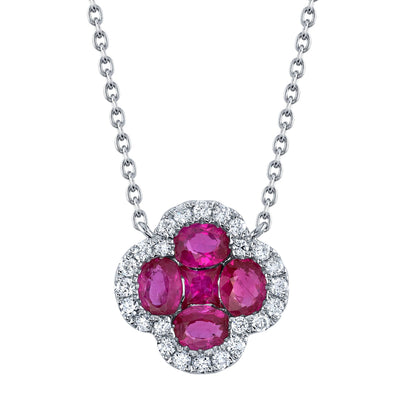 0.16CT DIAMOND & 0.89CT RUBY 14K W/G CLOVER NECKLACE