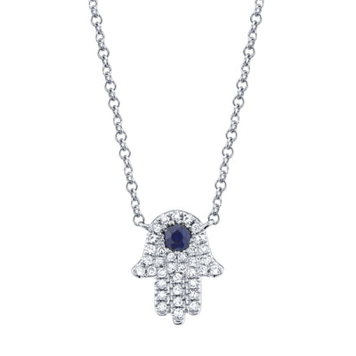 0.09CT DIAMOND & 0.08CT BLUE SAPPHIRE 14K W/G HAMSA NECKLACE