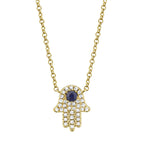 0.09CT DIAMOND & 0.08CT BLUE SAPPHIRE 14K Y/G HAMSA NECKLACE