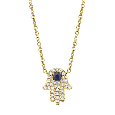 0.09CT DIAMOND & 0.08CT BLUE SAPPHIRE 14K Y/G HAMSA NECKLACE