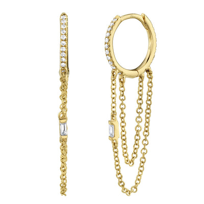 0.18CT 14K Y/G DIAMOND BAGUETTE HUGGIE CHAIN EARRING