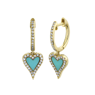 0.21CT DIAMOND & 0.36CT COMPOSITE TURQUOISE 14K Y/G HEART EARRING