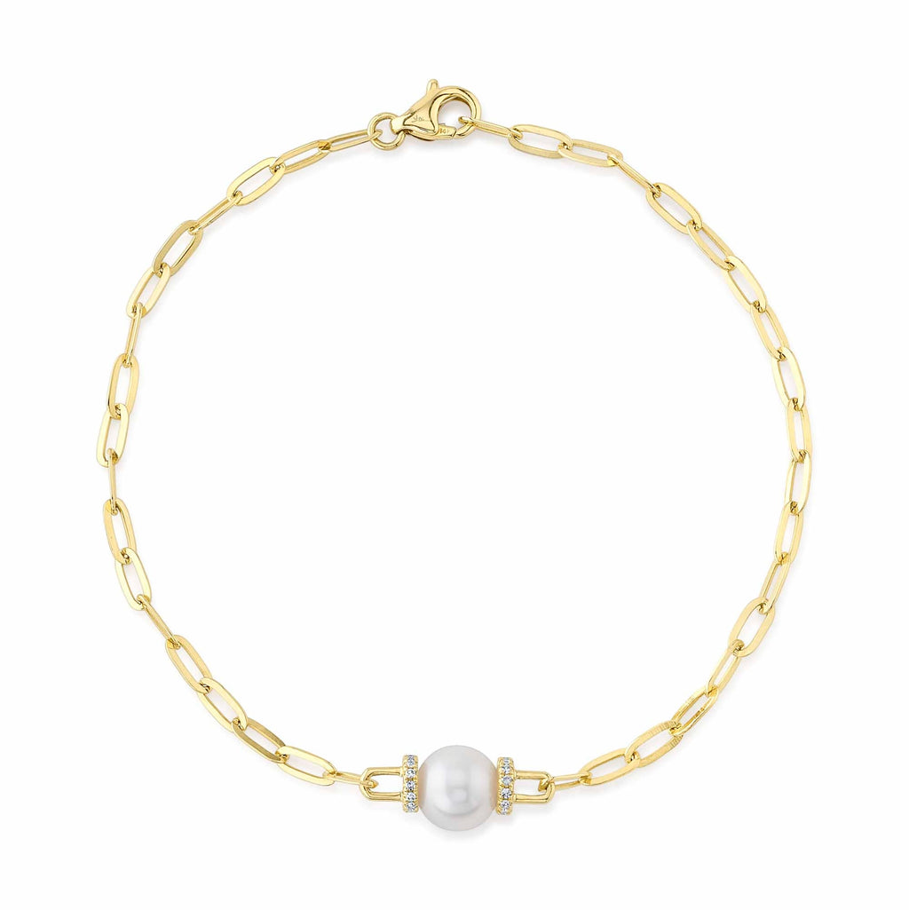 0.07CT 14K Y/G DIAMOND & CULTURED PEARL PAPER CLIP LINK BRACELET