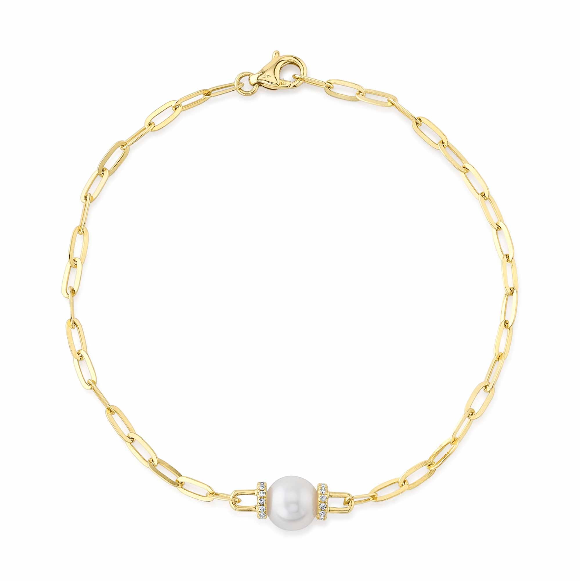 0.07CT 14K Y/G DIAMOND & CULTURED PEARL PAPER CLIP LINK BRACELET