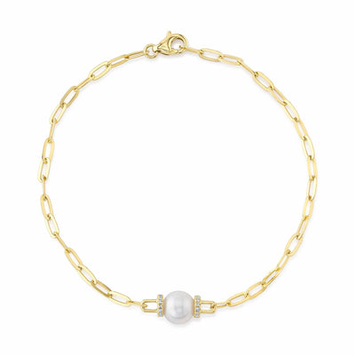 0.07CT 14K Y/G DIAMOND & CULTURED PEARL PAPER CLIP LINK BRACELET