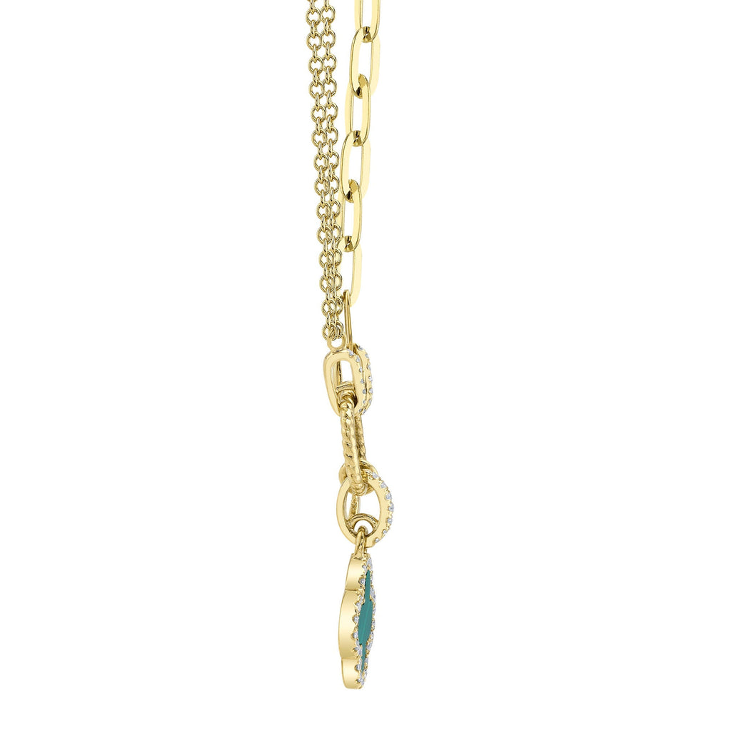 0.12CT DIAMOND & 0.54CT MALACHITE 14K Y/G CLOVER PAPER CLIP LINK NECKLACE
