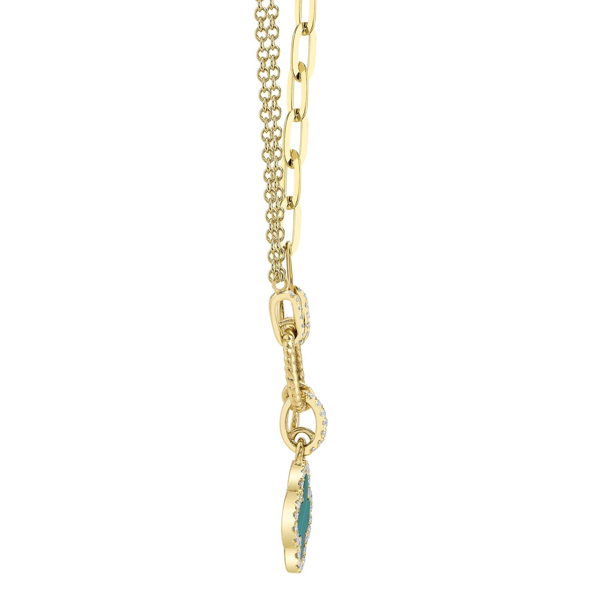0.12CT DIAMOND & 0.54CT MALACHITE 14K Y/G CLOVER PAPER CLIP LINK NECKLACE