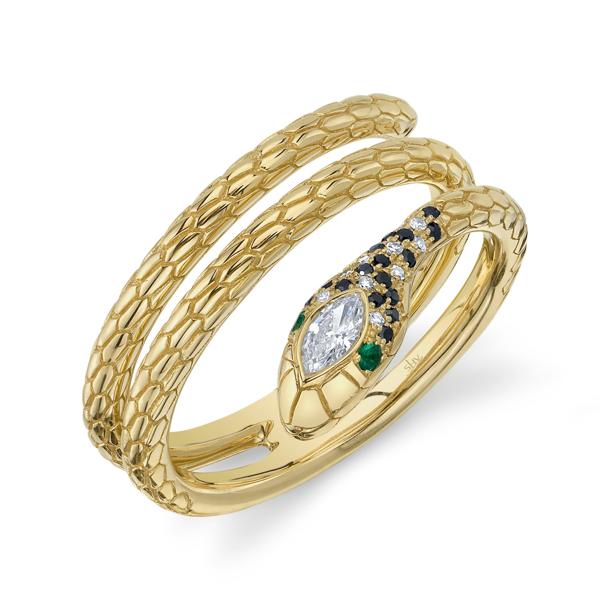 0.17CT BLACK & WHITE DIAMOND & 0.02CT EMERALD 14K Y/G SNAKE RING