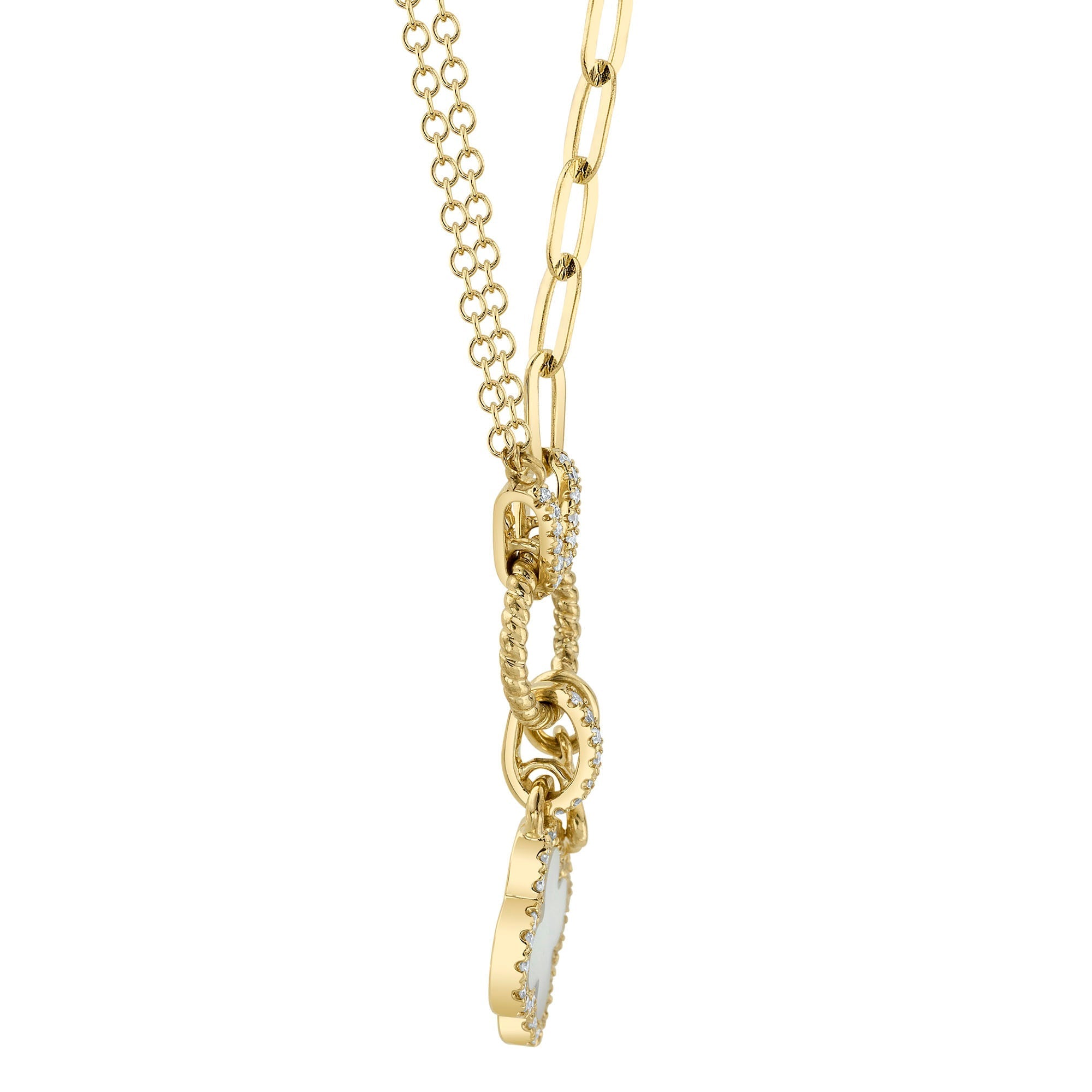 0.12CT DIAMOND & 0.54CT MOTHER OF PEARL 14K Y/G CLOVER PAPER CLIP LINK NECKLACE