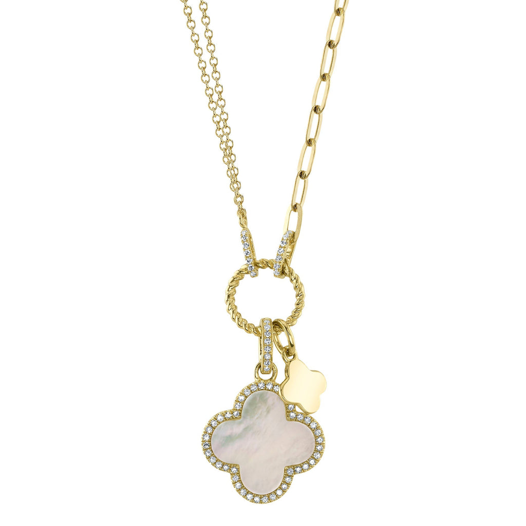 0.17CT DIAMOND & 1.36CT MOTHER OF PEARL 14K Y/G CLOVER PAPER CLIP LINK NECKLACE