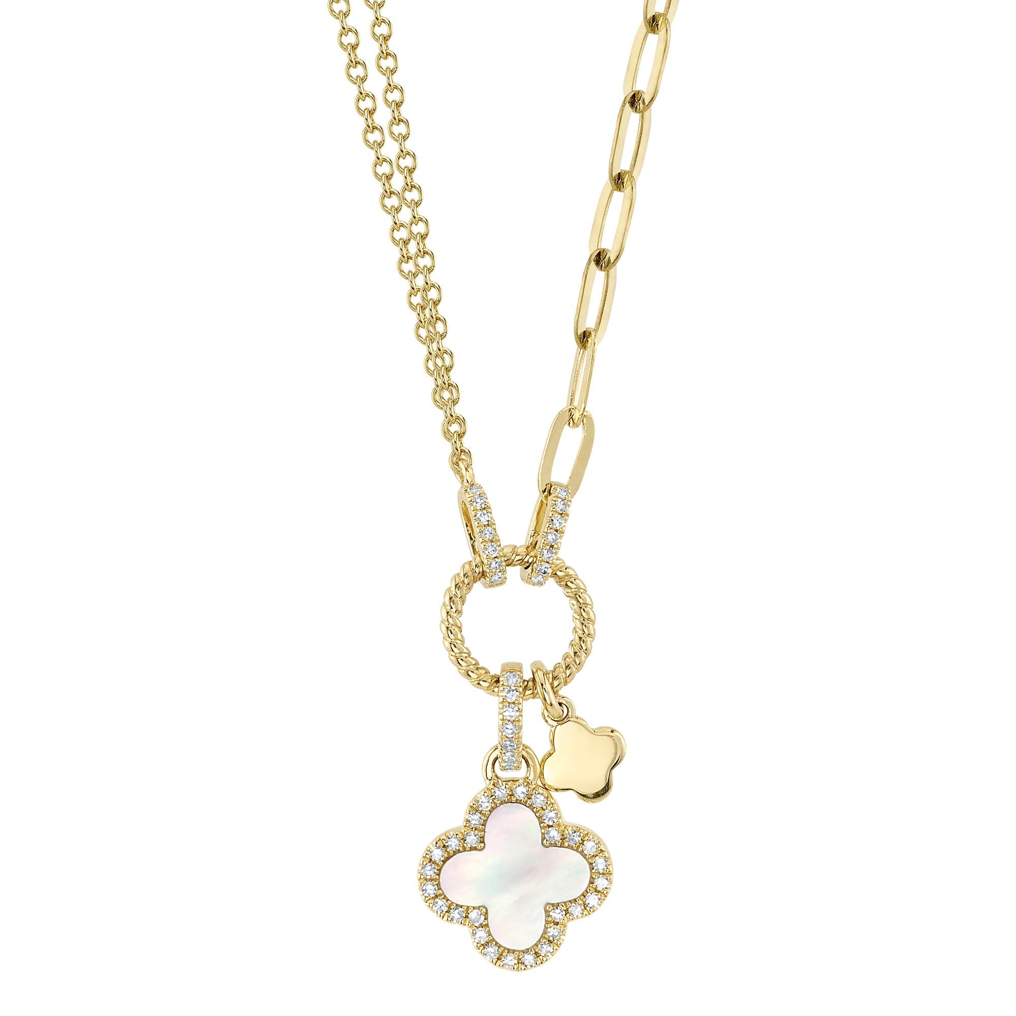 0.12CT DIAMOND & 0.54CT MOTHER OF PEARL 14K Y/G CLOVER PAPER CLIP LINK NECKLACE