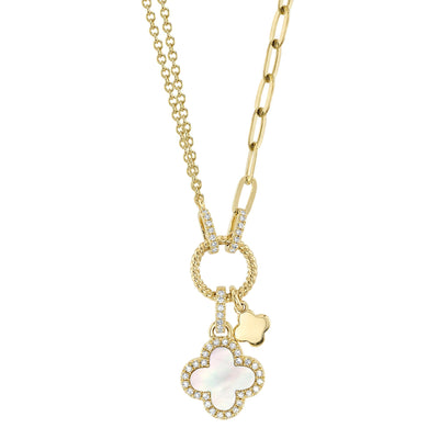 0.12CT DIAMOND & 0.54CT MOTHER OF PEARL 14K Y/G CLOVER PAPER CLIP LINK NECKLACE