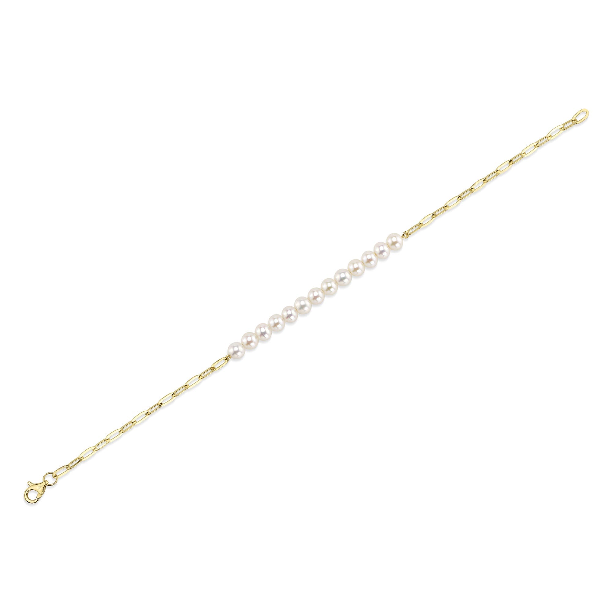 14K Y/G CULTURED PEARL PAPER CLIP LINK BRACELET
