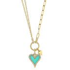 0.13CT DIAMOND & 0.39CT COMPOSITE TURQUOISE 14K Y/G HEART PAPER CLIP LINK NECKLACE