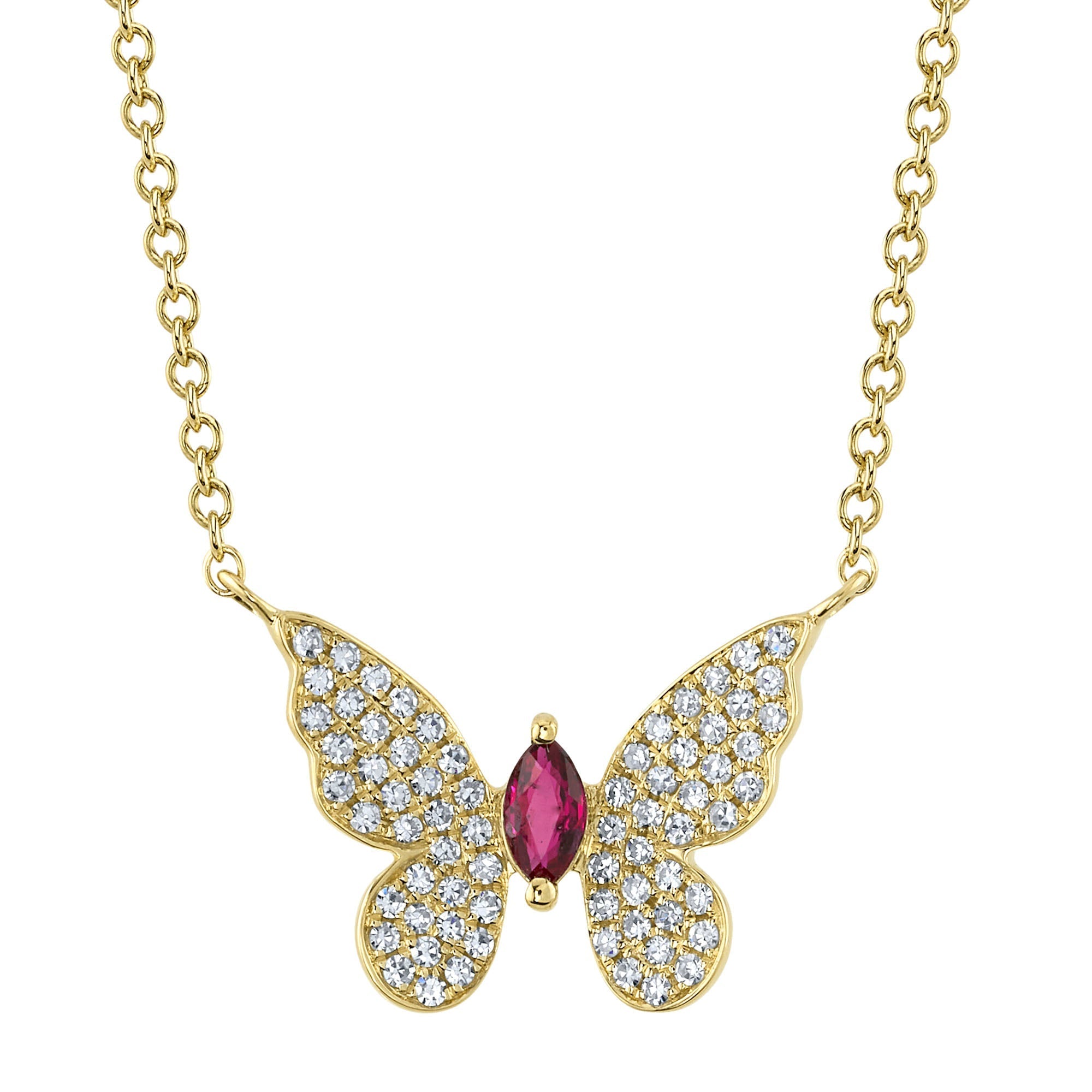 0.16CT DIAMOND & 0.09CT RUBY 14K Y/G MARQUISE BUTTERFLY NECKLACE