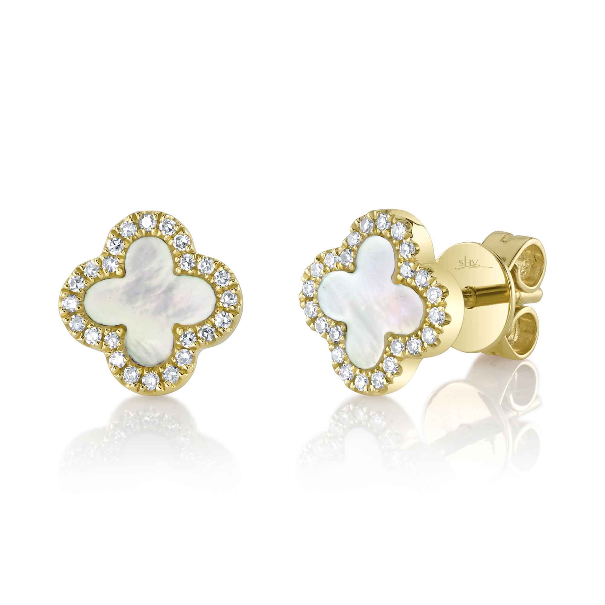 0.11CT DIAMOND & 0.35CT MOTHER OF PEARL 14K Y/G CLOVER EARRING
