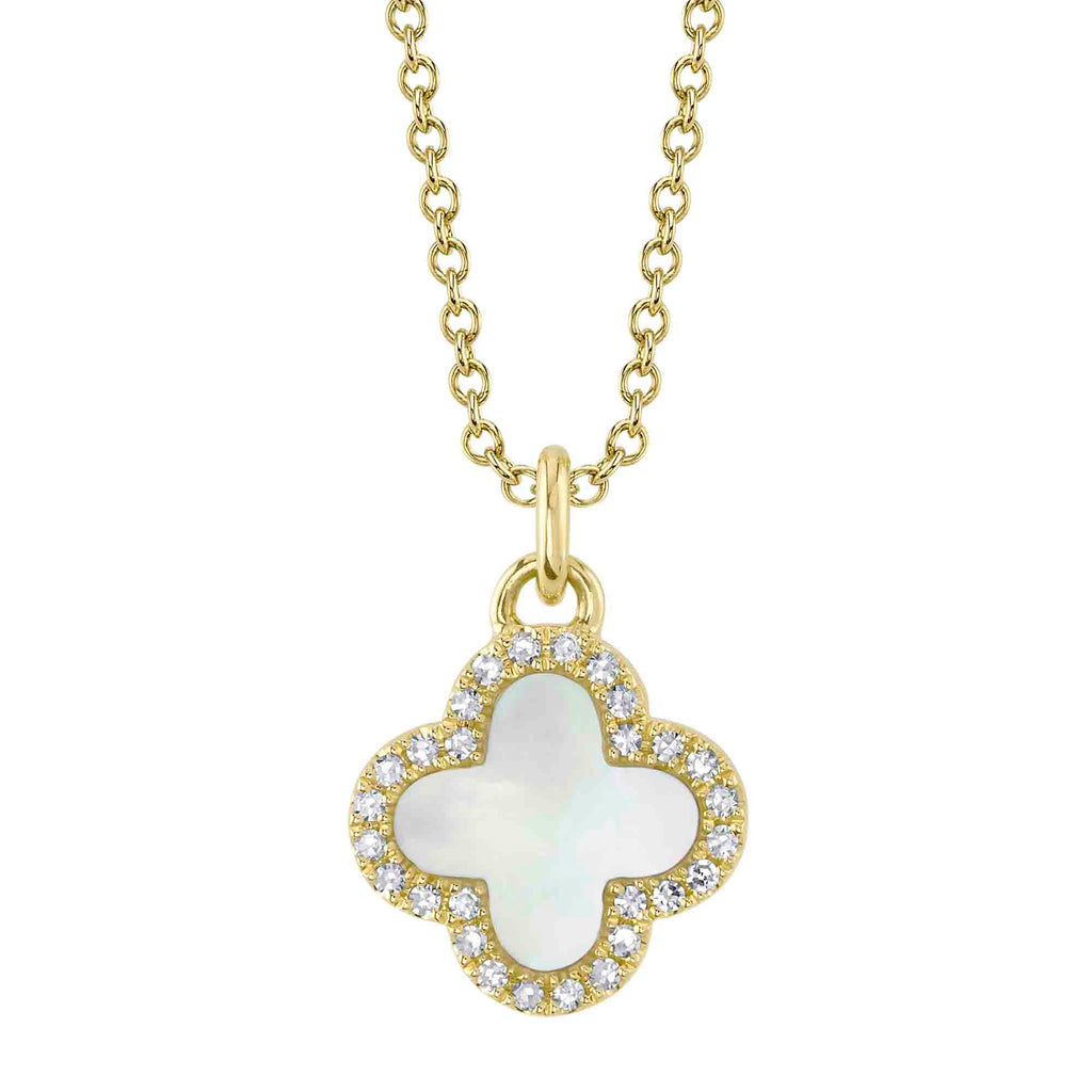 0.08CT DIAMOND &  0.41CT MOTHER OF PEARL 14K Y/G CLOVER NECKLACE