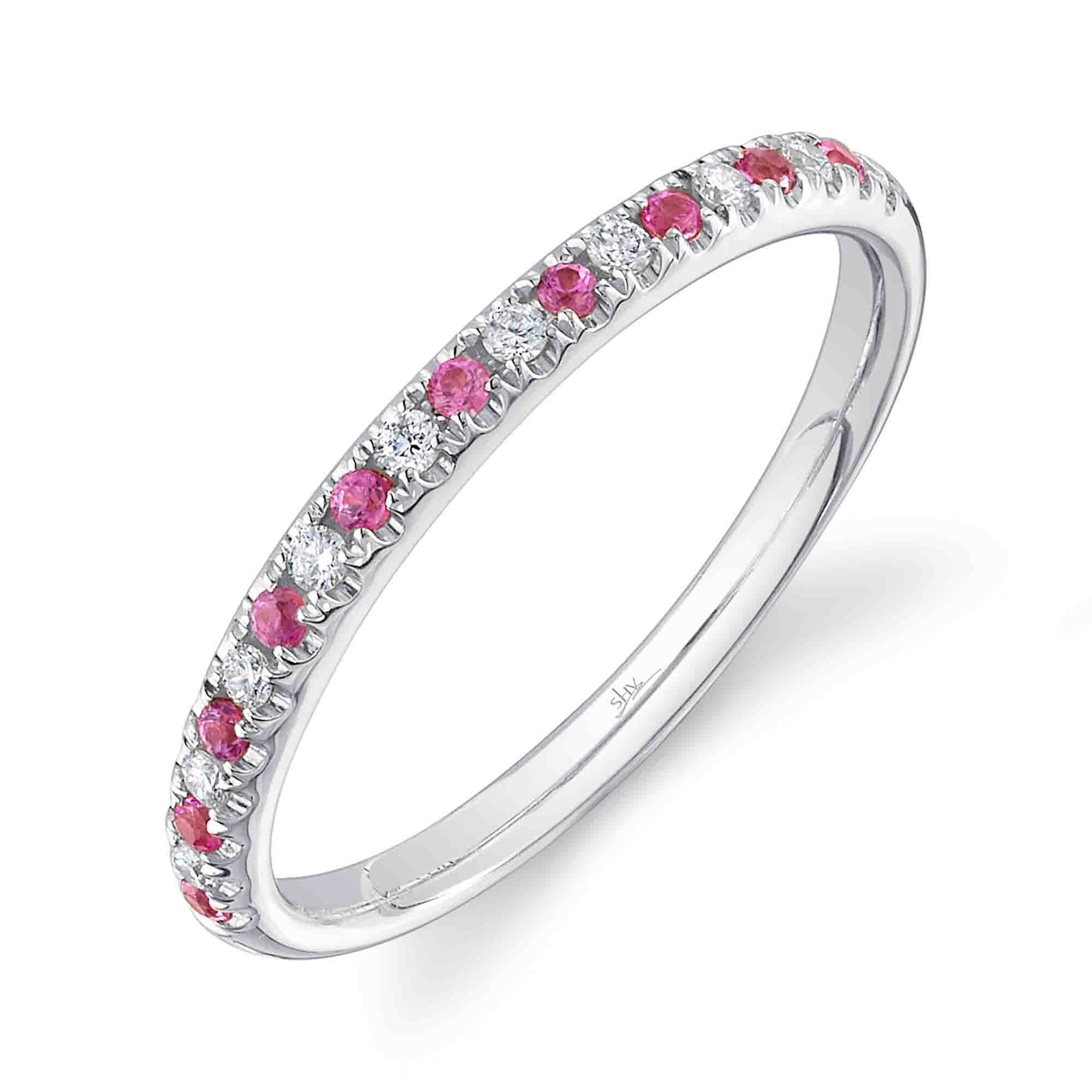 0.10CT DIAMOND & 0.10CT PINK SAPPHIRE 14K W/G LADY'S BAND SZ 6