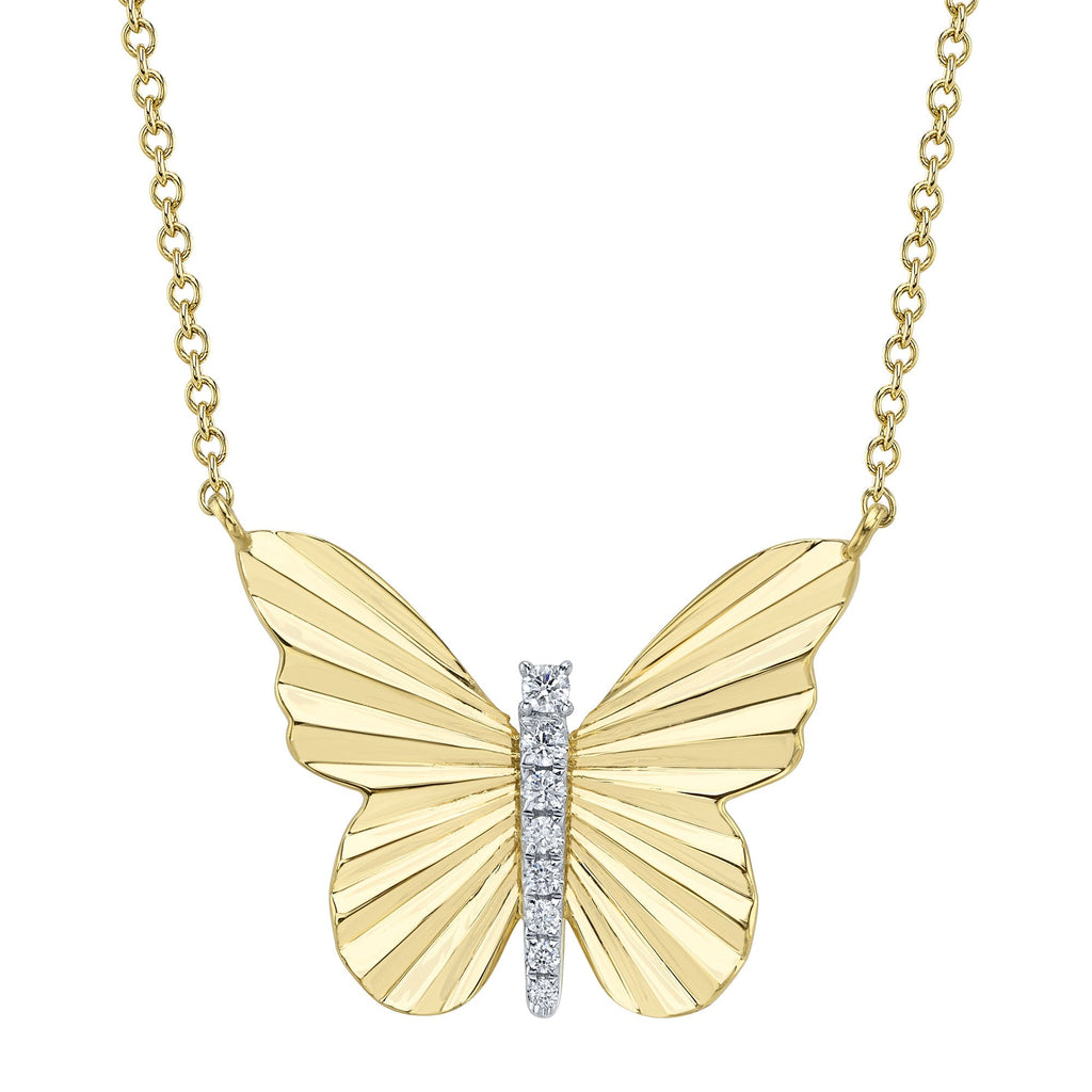 0.06CT 14K Y/G DIAMOND RIBBED BUTTERFLY NECKLACE