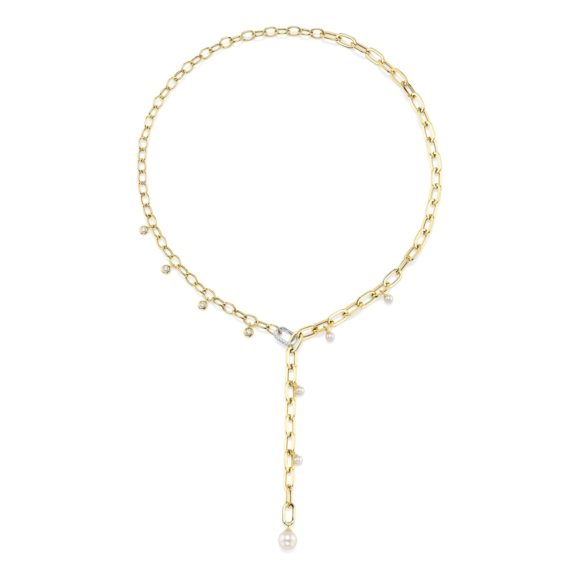 0.27CT 14K2T Y/W DIAMOND & CULTURED PEARL BEZEL PAPER CLIP LINK NECKLACE