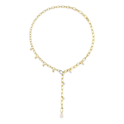 0.27CT 14K2T Y/W DIAMOND & CULTURED PEARL BEZEL PAPER CLIP LINK NECKLACE