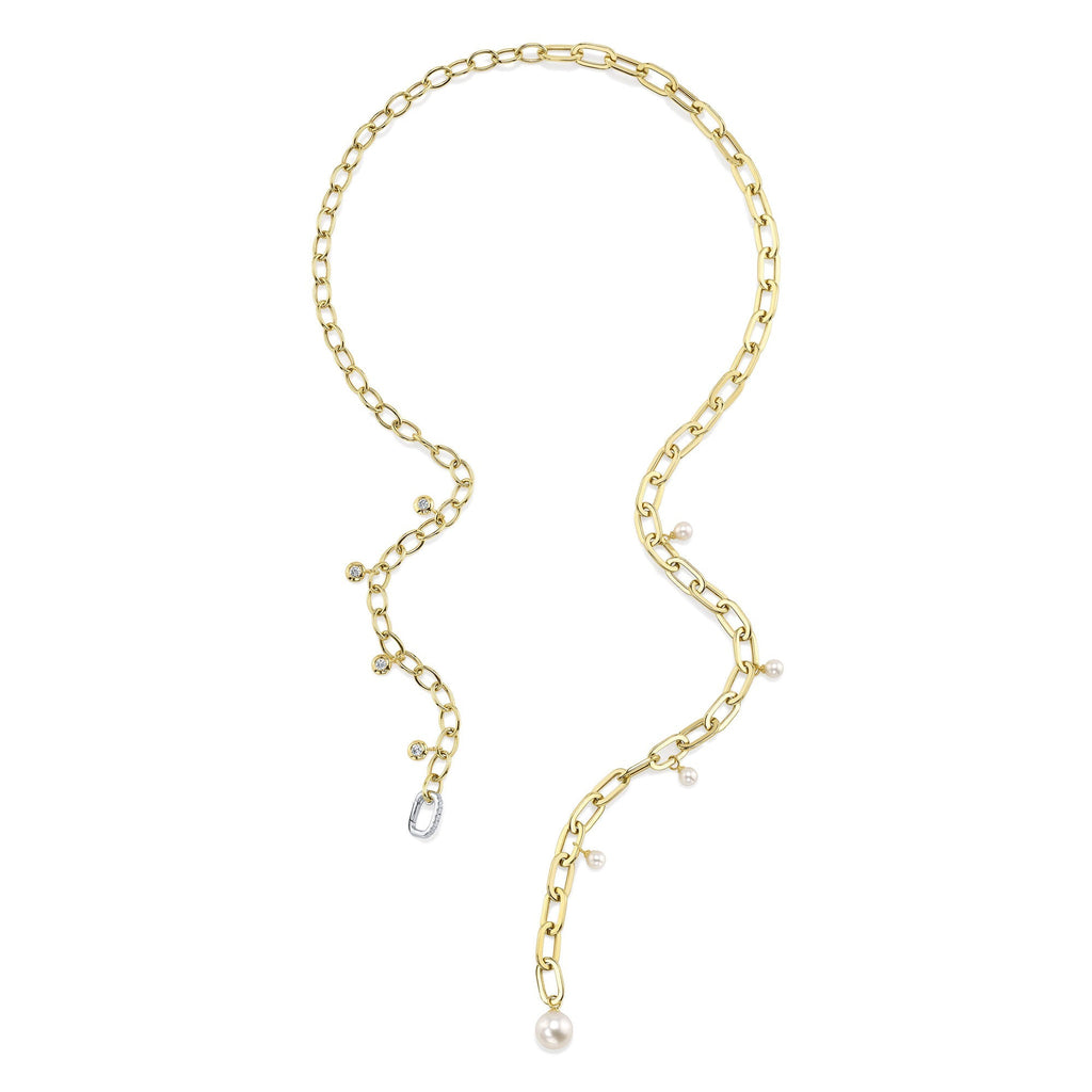 0.27CT 14K2T Y/W DIAMOND & CULTURED PEARL BEZEL PAPER CLIP LINK NECKLACE