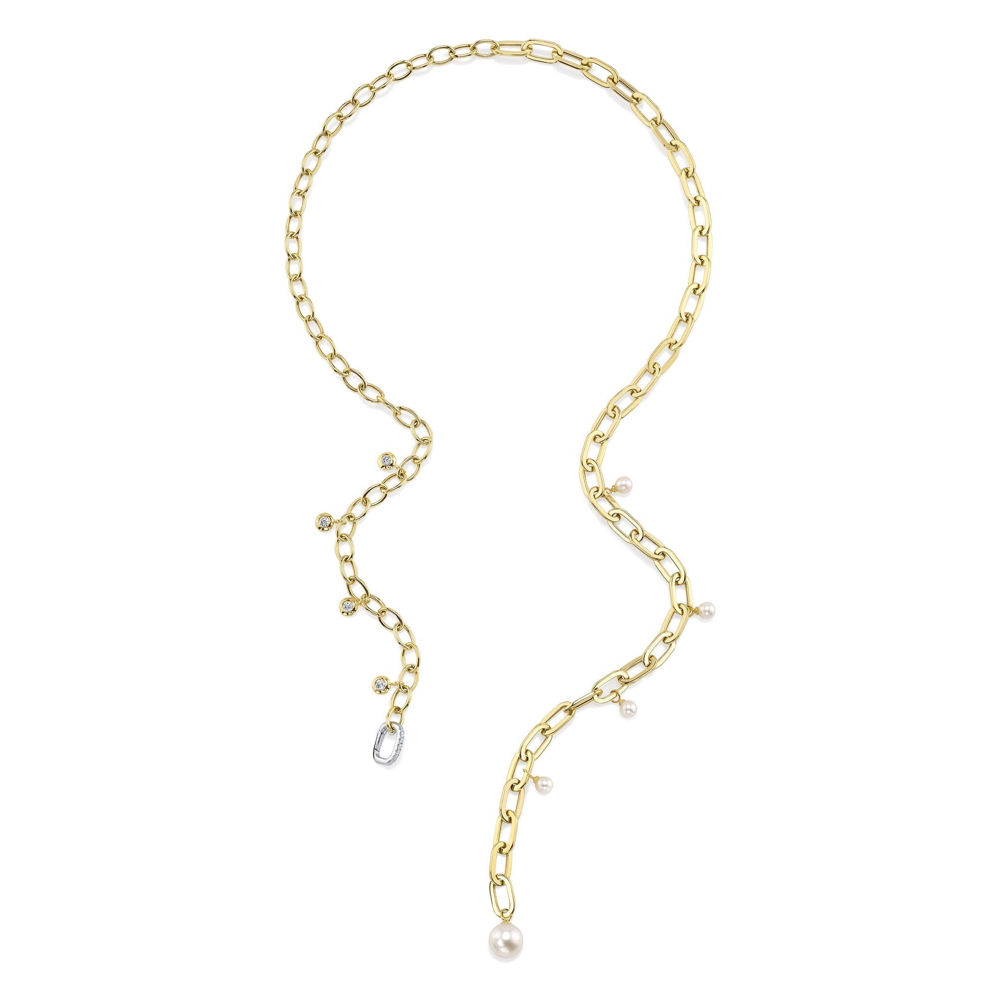 0.27CT 14K2T Y/W DIAMOND & CULTURED PEARL BEZEL PAPER CLIP LINK NECKLACE
