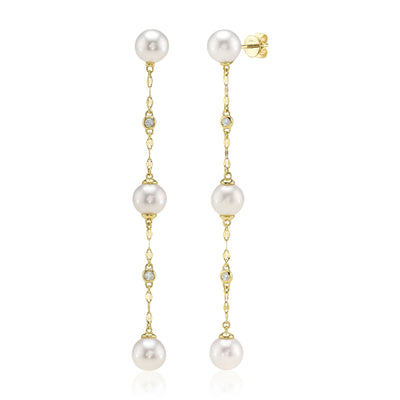 0.09CT 14K Y/G DIAMOND & CULTURED PEARL SPARKLE CHAIN EARRING