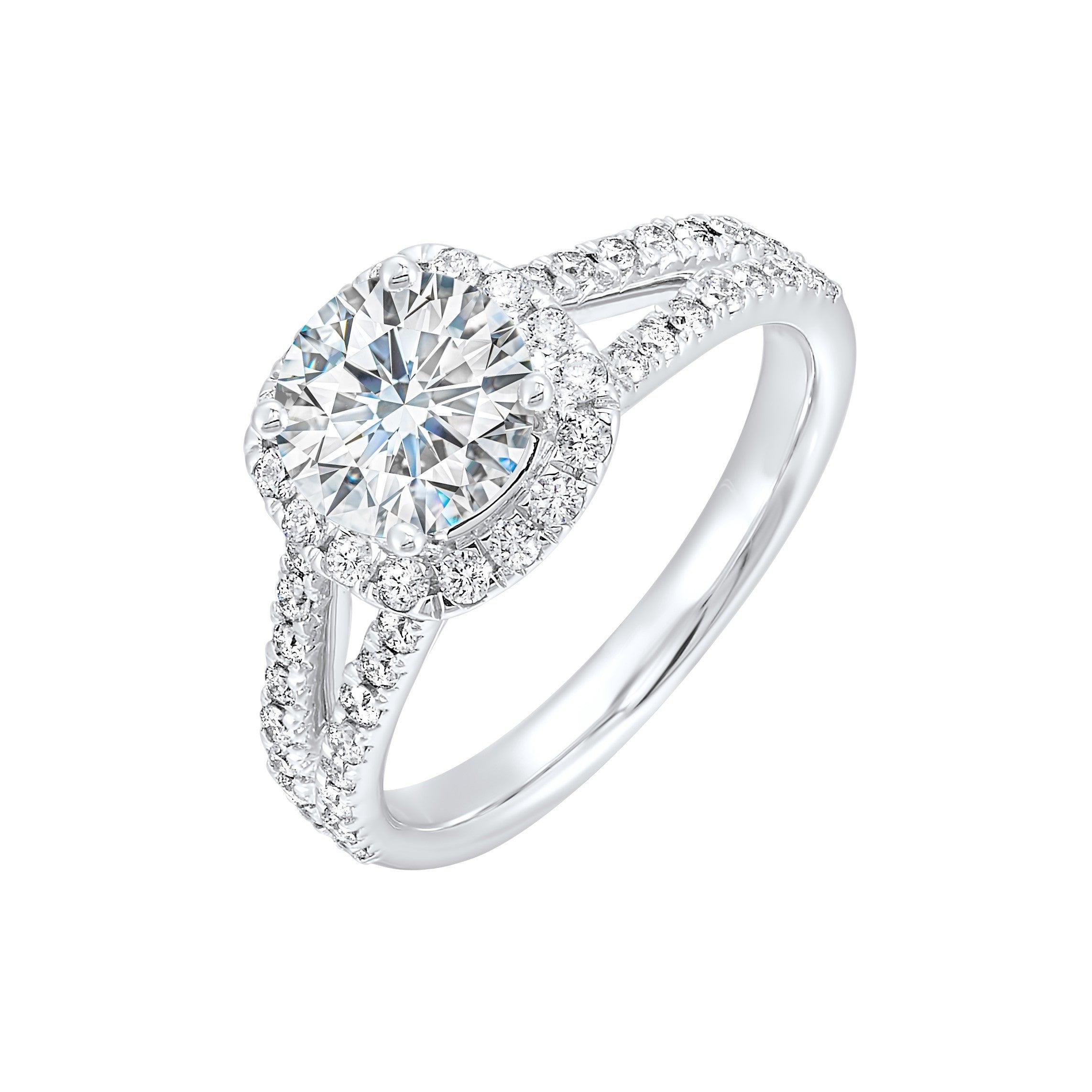 Cushion halo is a stunning way to showcase the round solitaire diamond. Modern split diamond studded shank further highlights the center.