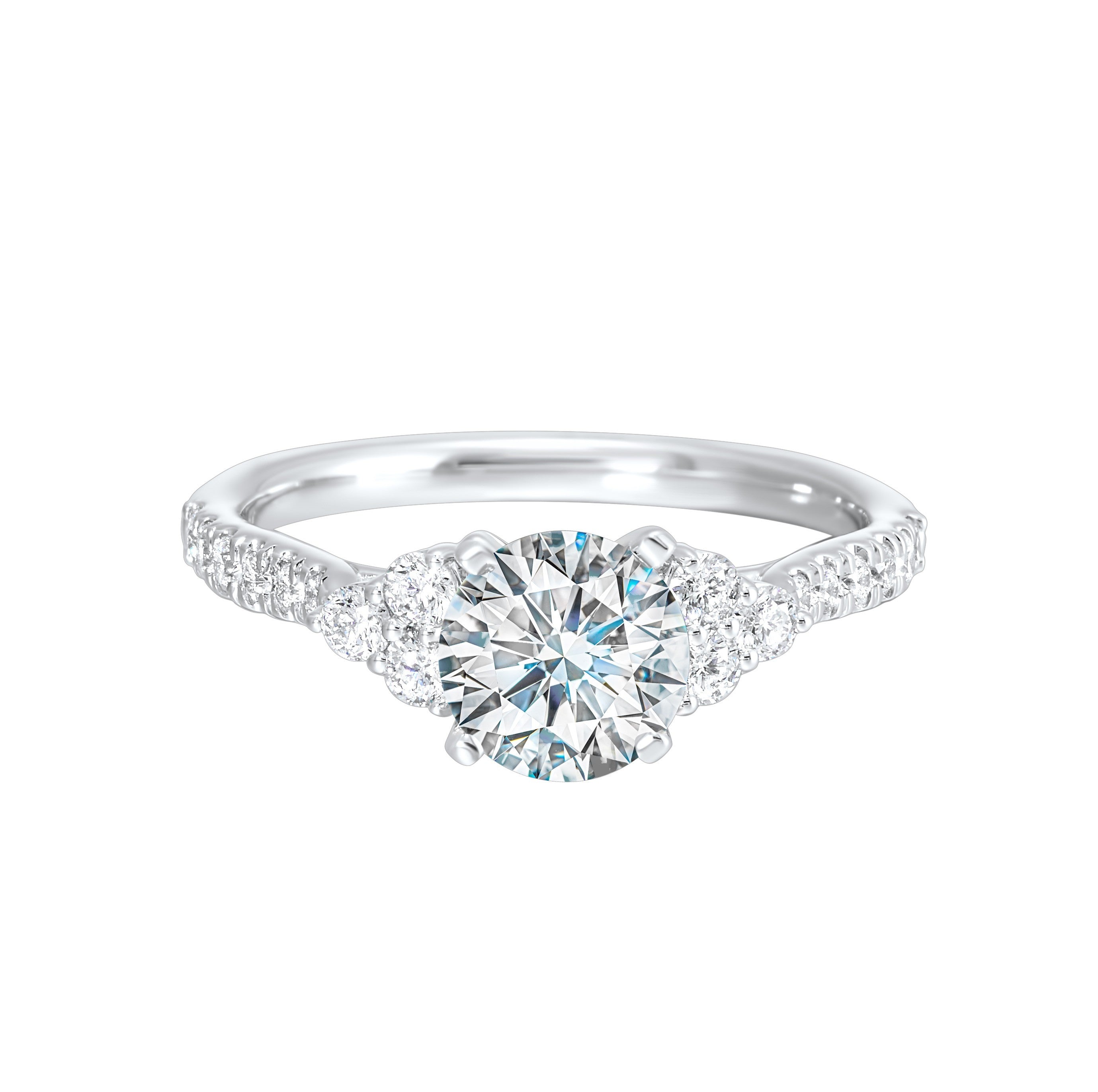 A trio of round diamonds on either side of the solitaire followed by a diamond studded shank, this ring is sure to impress her.