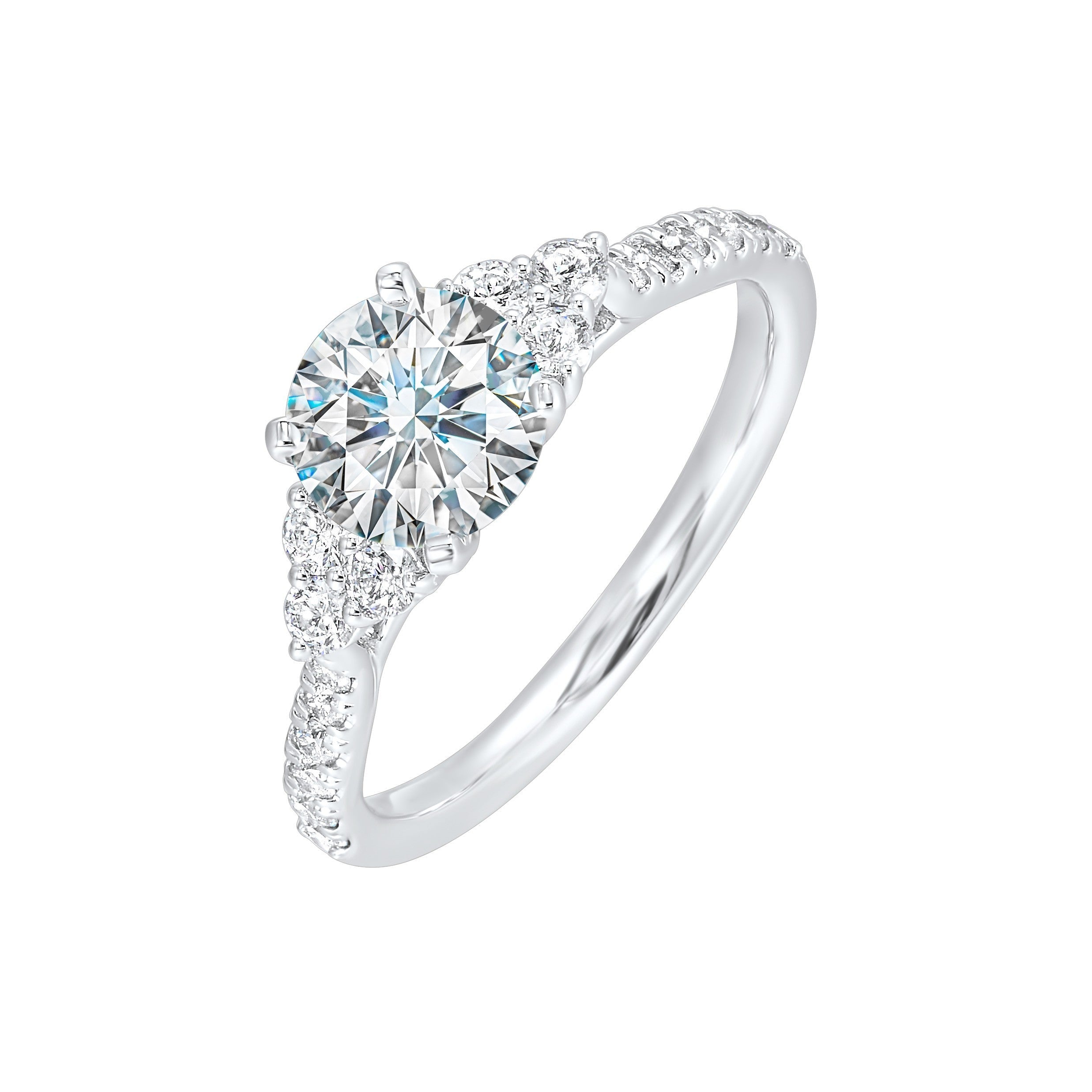 A trio of round diamonds on either side of the solitaire followed by a diamond studded shank, this ring is sure to impress her.