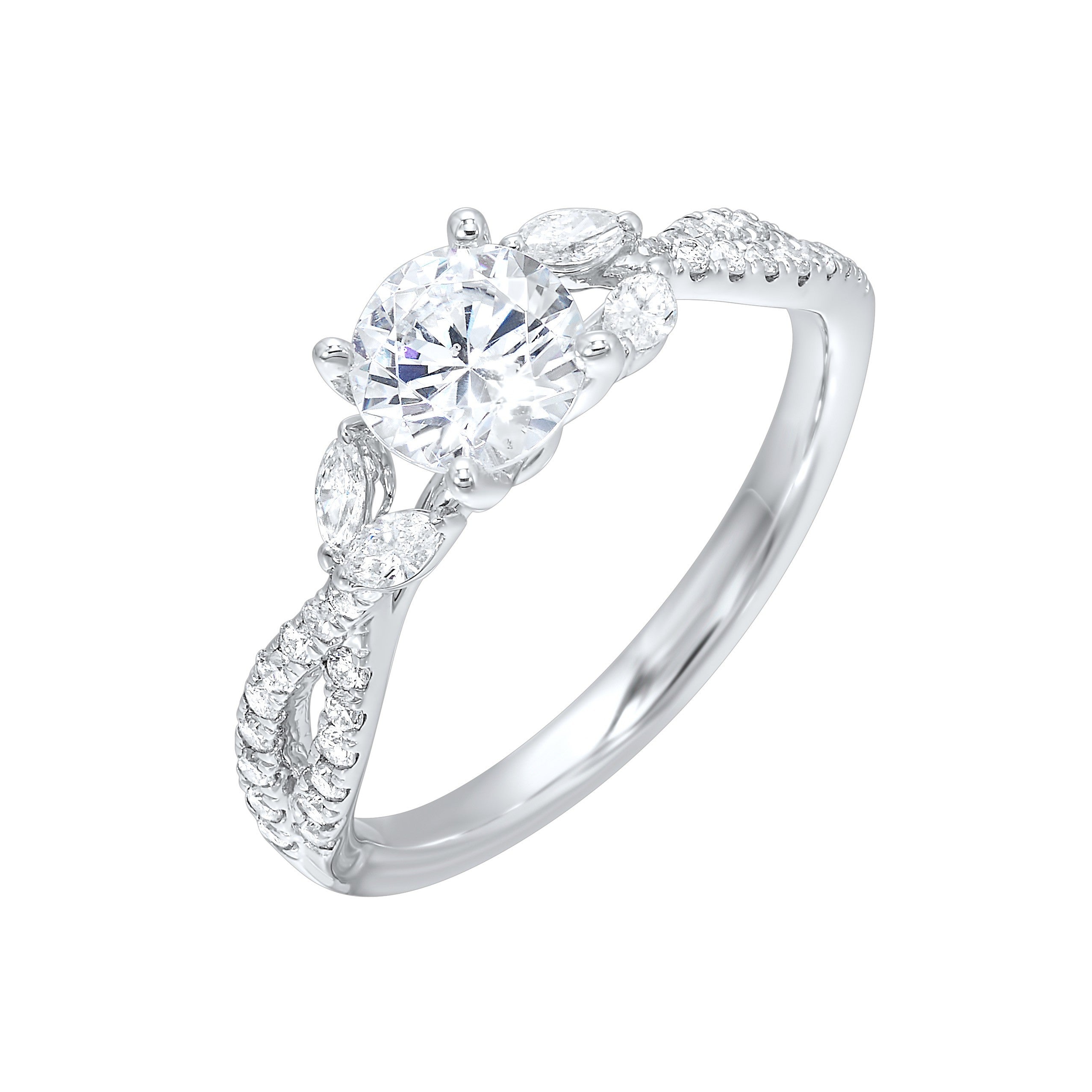 Embraced by a criss cross shank of pave diamonds. Two marquise diamond crown the band, adding a touch of unexpected elegance and a modern twist to this solitaire ring.