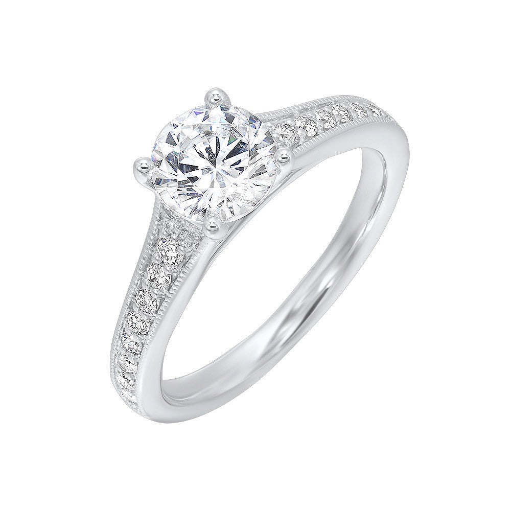 Reverse tapered shank with milgrain on both the sides perfectly compliments the center stone to create a beautiful and elegant look.