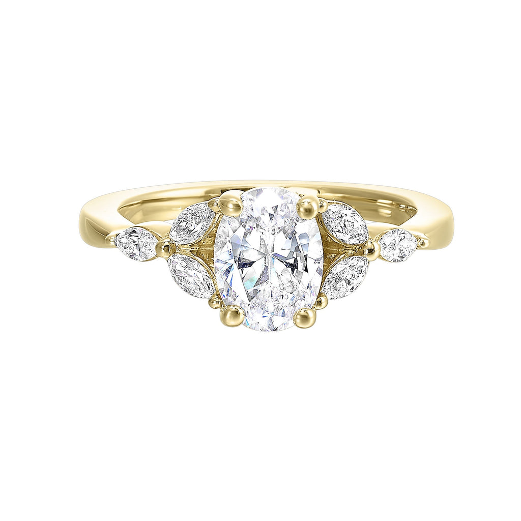 Elongated oval diamond takes center stage, framed by graceful trinity of marquise diamonds set on either side followed by a pinch shank is sure to flatten her.