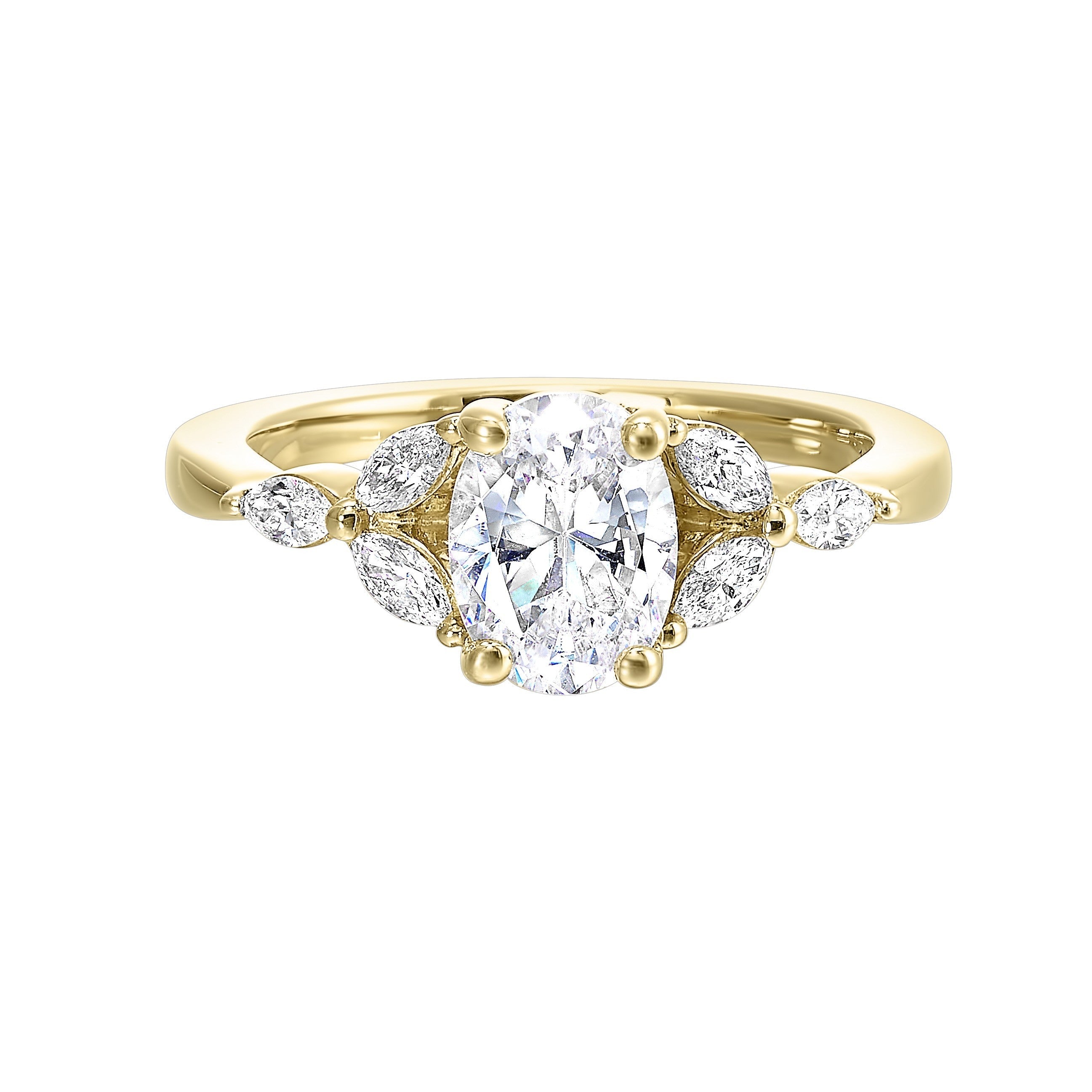 Elongated oval diamond takes center stage, framed by graceful trinity of marquise diamonds set on either side followed by a pinch shank is sure to flatten her.