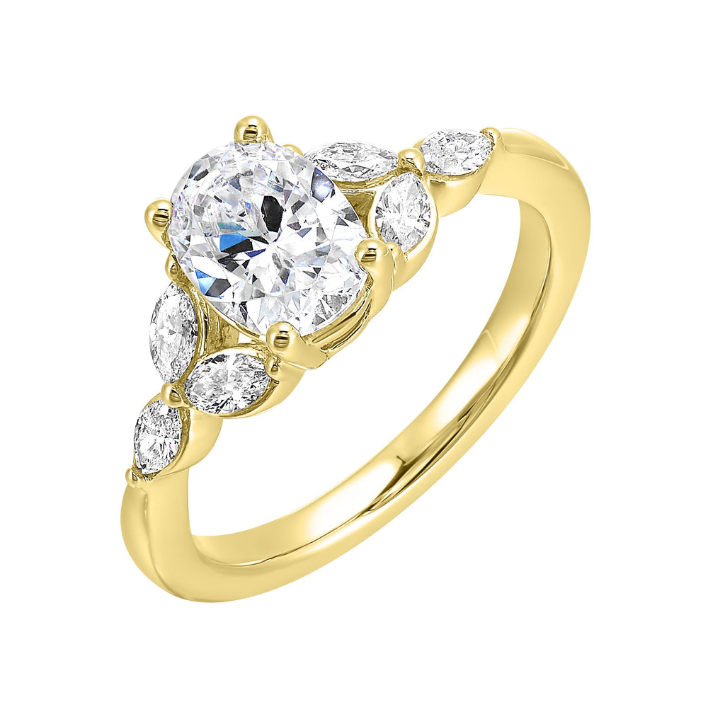 Elongated oval diamond takes center stage, framed by graceful trinity of marquise diamonds set on either side followed by a pinch shank is sure to flatten her.