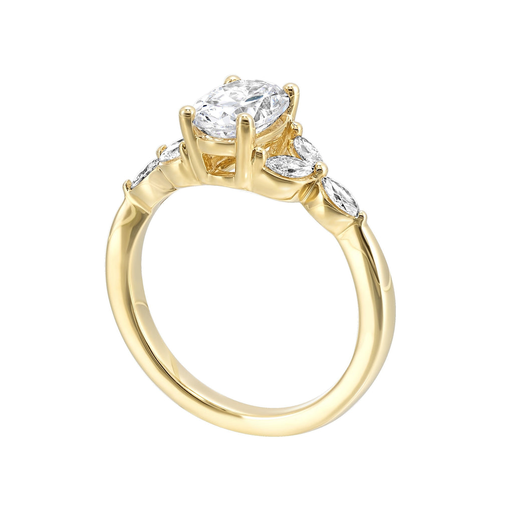 Elongated oval diamond takes center stage, framed by graceful trinity of marquise diamonds set on either side followed by a pinch shank is sure to flatten her.