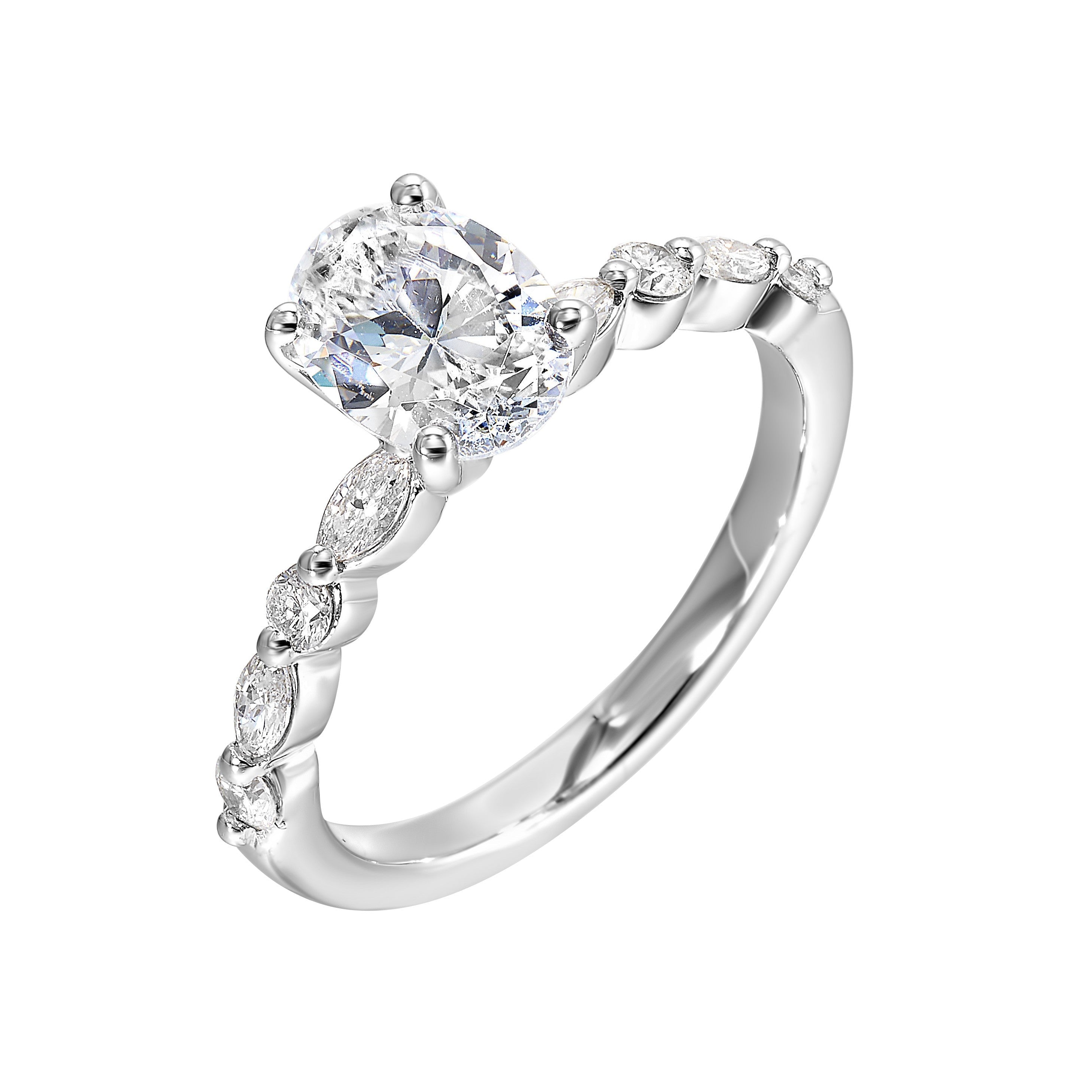 A magnificent oval diamond takes center stage, framed by a breathtaking alternation of fancy and round diamonds is sure to delight her.