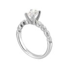 A magnificent oval diamond takes center stage, framed by a breathtaking alternation of fancy and round diamonds is sure to delight her.