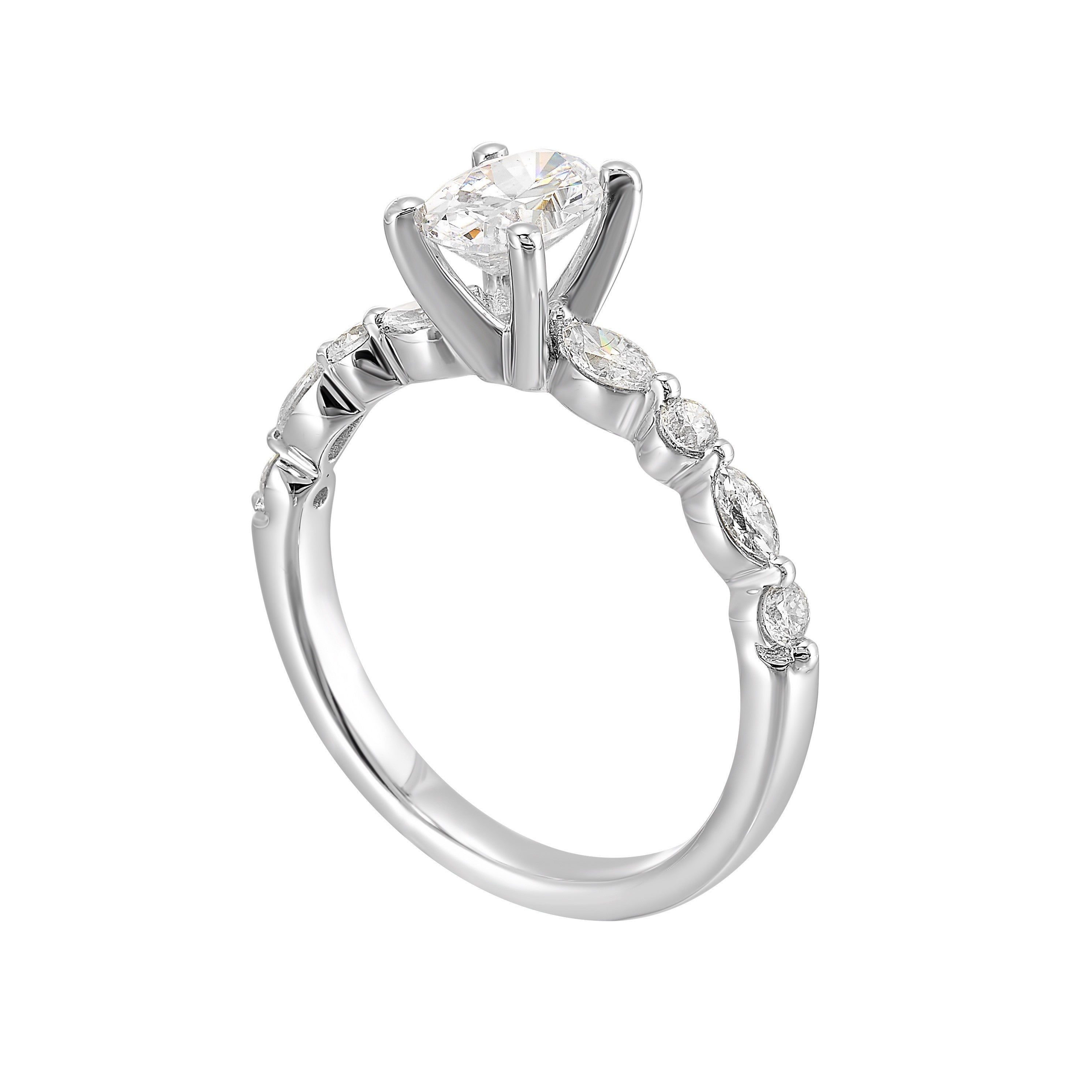 A magnificent oval diamond takes center stage, framed by a breathtaking alternation of fancy and round diamonds is sure to delight her.